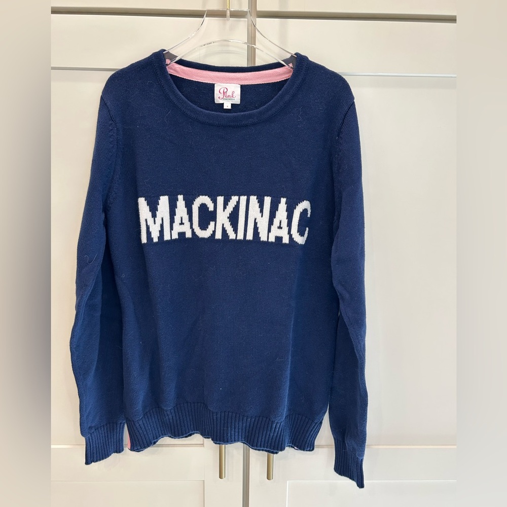Blue and White Crew Neck Sweater with Collegiate Style